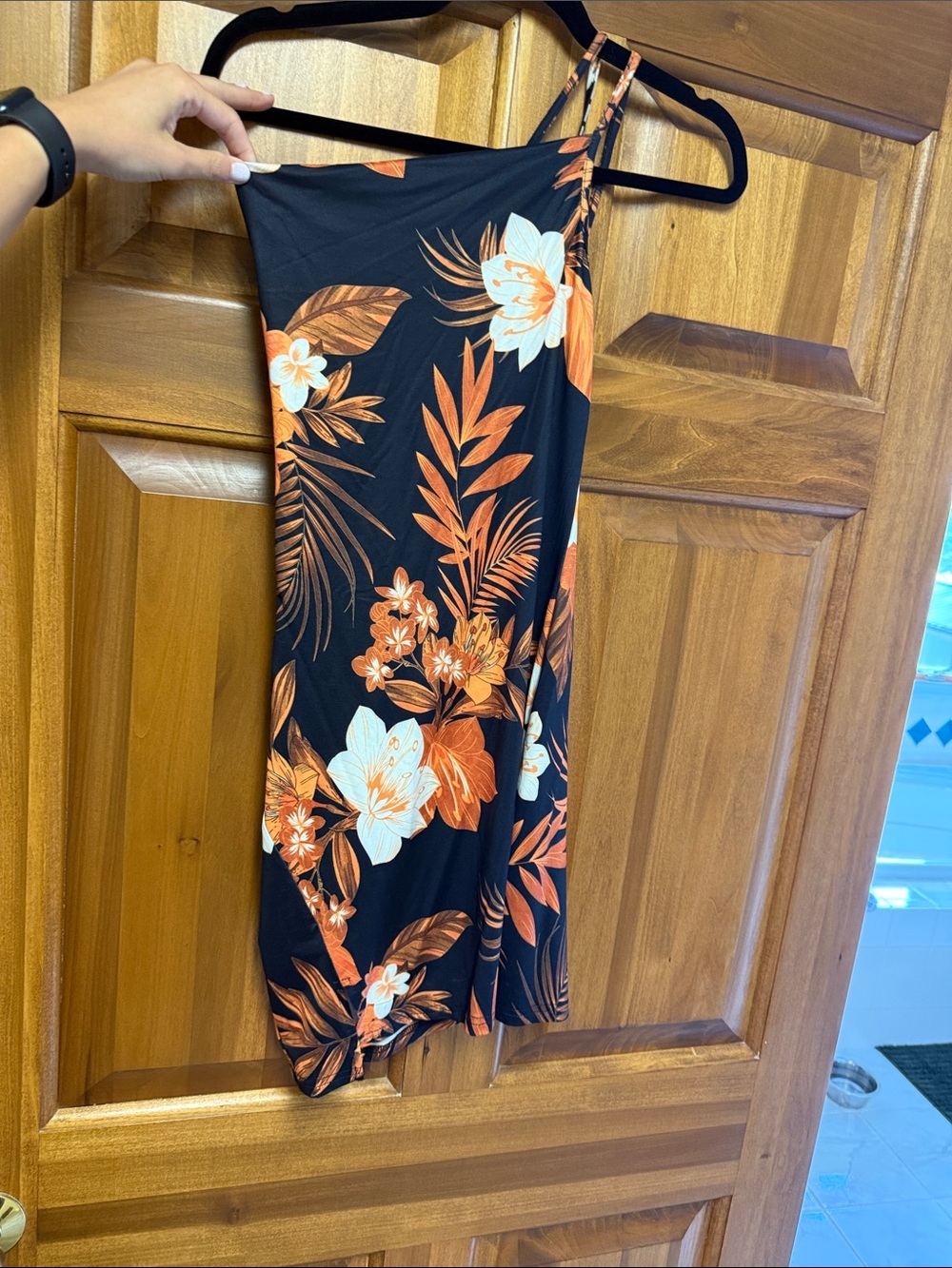 Black Floral One-Shoulder Dress with Orange and Cream Blooms